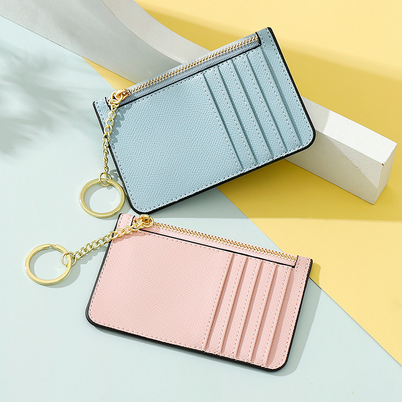 Solid color small card holder female ultra-thin compact multi-card slot simple card holder with key chain card holder mini coin purse