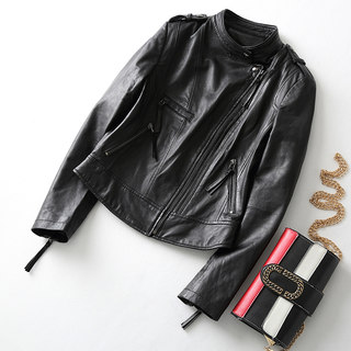 2023 Autumn New Haining Imported Genuine Leather Jacket for Women Sheepskin Motorcycle Slim Fit Short Stand Collar Leather Jacket Coat