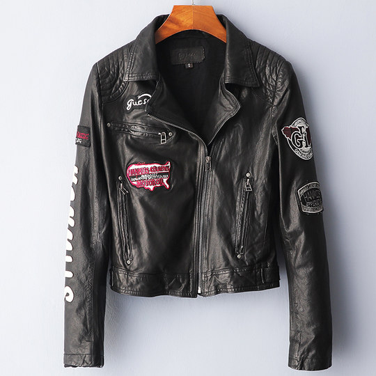 European station new Haining genuine leather jacket women's short straight tanned sheepskin motorcycle slim leather jacket Korean version