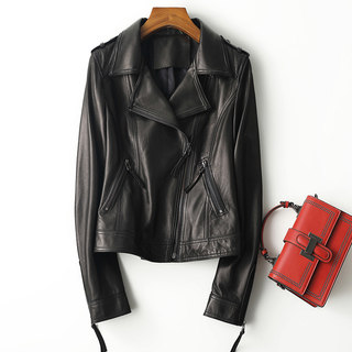 Imported Sheepskin Genuine Leather Jacket for Women, Short Style, 2023 Autumn New European Brand, Large Brand Turn-Down Collar Motorcycle Jacket