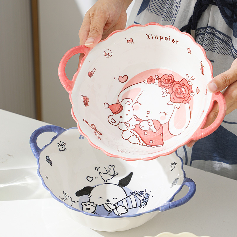 Cartoon Double-Eared Ceramic Bowl, Cute Single Instant Noodle Bowl, Household Student Tableware, Soup Bowl, Ramen Bowl, Salad Underglaze Color Cartoon Double-Eared Ceramic Bowl, Cute Single Instant Noodle Bowl, Household Student Tableware, Soup Bowl, Ramen Bowl, Salad Underglaze Color
