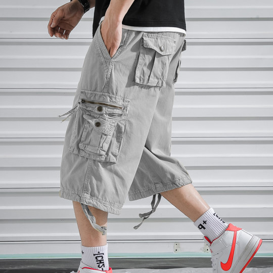 Summer men's shorts trendy brand cropped pants multi-pocket overalls European and American youth loose large size pants medium pants handsome