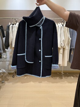 2025新款撞色贝壳绣边落肩宽松含绵羊毛双面昵小香风大衣女时尚