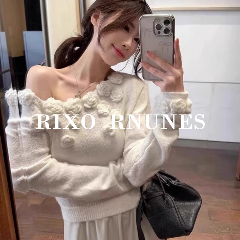 Rixo Rnunes French-Style Autumn and Winter Niche Three-Dimensional Floral Off-Shoulder Sweater for Women, Pullover, Short Top Rixo Rnunes French-Style Autumn and Winter Niche Three-Dimensional Floral Off-Shoulder Sweater for Women, Pullover, Short Top