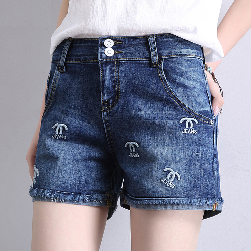 High waist denim shorts women's summer stretch large size wide pants 2021 new loose thin wild Korean version of the student pants