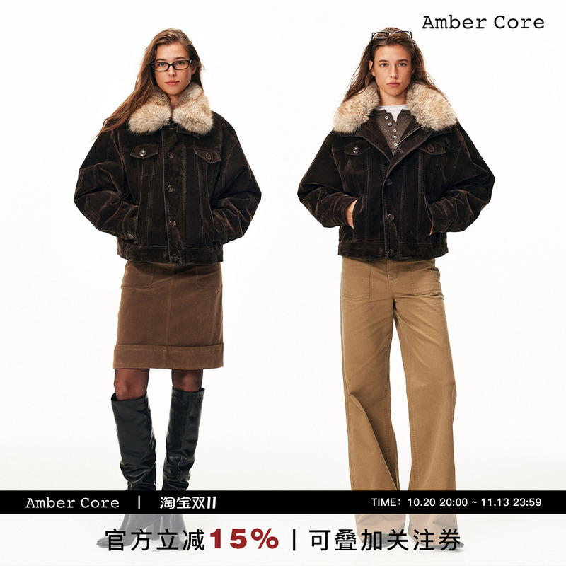 Amber Core Washed Flocking Workwear Style Detachable Fur Collar Denim Jacket Women's Short Cotton Coat Winter