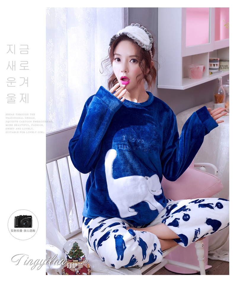 Đồ ngủ nữ mùa thu đông dày cộng với bộ đồ flannel nhung có thể mặc bên ngoài dịch vụ gia đình nhung dài tay dễ thương nhung XL đồ ngủ nữ