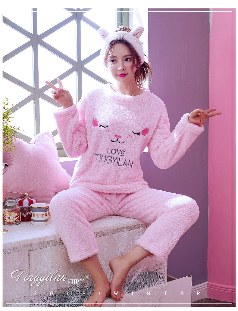 Bộ đồ ngủ nữ thời trang thu đông dày mùa đông phù hợp với dịch vụ gia đình nữ phiên bản Hàn Quốc của nhung dài tay san hô dễ thương có thể mặc bộ đồ the thao nữ hàng hiệu