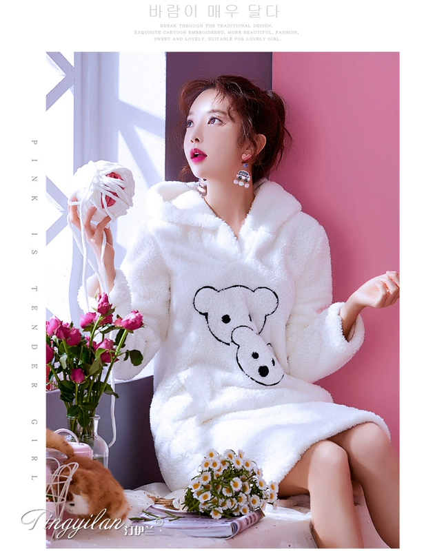 Bộ đồ ngủ phụ nữ dày flannel san hô nhung mùa thu mùa đông dịch vụ nhà nữ mùa xuân và mùa thu sinh viên dễ thương phim hoạt hình dài tay