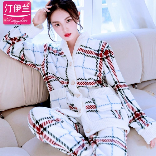 Пижама, фланелевый демисезонный лонгслив, нарукавники, комплект, коралловая бархатная милая домашняя одежда, кардиган, увеличенная толщина, в корейском стиле, большой размер