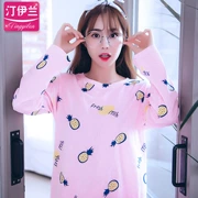 Bộ đồ ngủ cotton màu hồng dứa của phụ nữ cotton dài tay mùa xuân và mùa thu phù hợp với dịch vụ nhà mùa thu dễ thương mùa xuân ngọt ngào kích thước lớn - Bộ Pajama