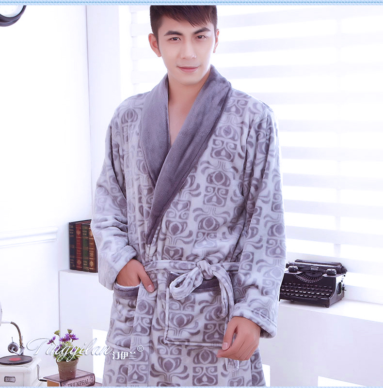 Dày nam nhung san hô áo choàng mặc đồ ngủ flannel áo choàng áo choàng tắm tracksuit Các mùa thu và mùa đông cộng với nhung XL bộ đồ ngủ 2 dây