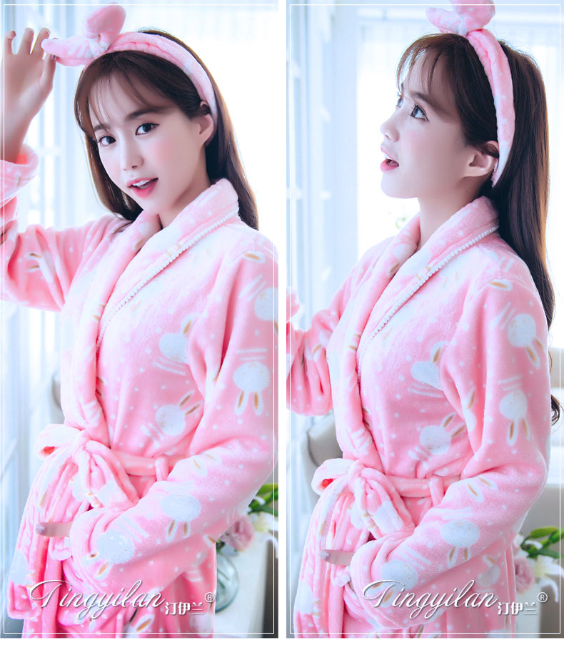 Của phụ nữ dày flannel áo choàng tắm mùa thu và mùa đông dài tay mùa thu và mùa đông san hô fleece dễ thương đồ ngủ rắn vàng