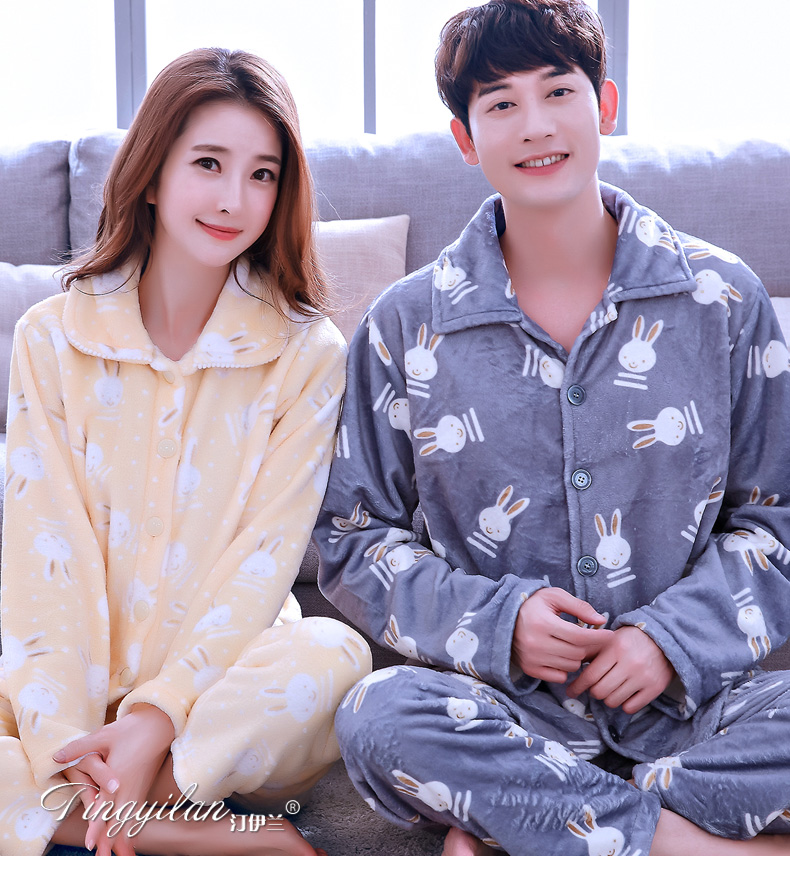 Dễ thương thỏ hoạt hình đồ ngủ cặp vợ chồng dày flannel dài tay nữ mùa thu và mùa đông san hô lông cừu phù hợp với dịch vụ nhà nam bộ cotton đẹp mặc nhà