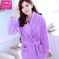 Váy ngủ nữ mùa thu và mùa đông dày flannel dài tay áo dễ thương áo choàng nữ san hô nhung nhà dịch vụ áo tắm màu tím đồ ngủ nữ quần áo ngắn