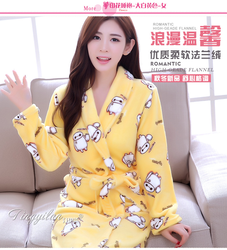 Lớn trắng dễ thương áo ngủ nữ áo choàng tắm nữ đồ ngủ mùa thu dịch vụ nhà dày flannel san hô nhung mùa thu dài tay áo đồ ngủ pijama
