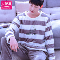 Pajamas men padded flannel long sleeves autumn and winter coral velvet set home clothes loose plush plus velvet can be worn outside