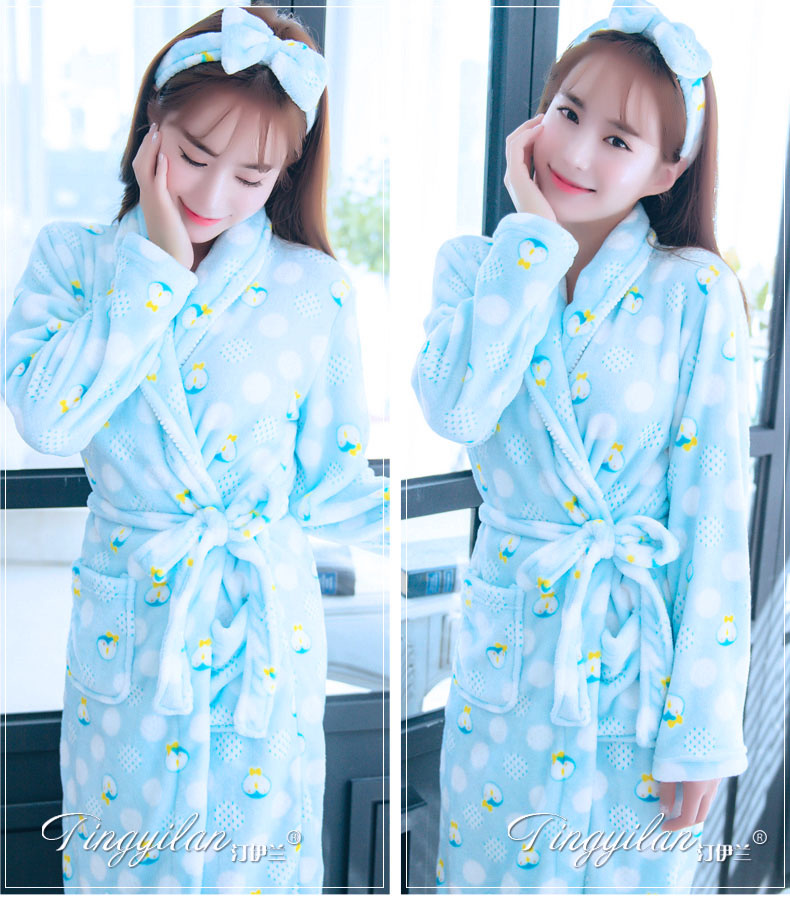 Của phụ nữ dày flannel áo choàng tắm mùa thu và mùa đông dài tay mùa thu và mùa đông san hô fleece dễ thương đồ ngủ rắn vàng