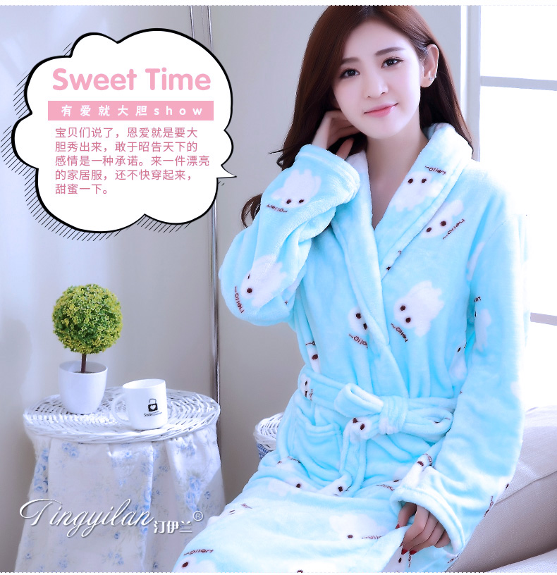 Của phụ nữ dày flannel áo choàng tắm mùa thu và mùa đông dài tay mùa thu và mùa đông san hô fleece dễ thương đồ ngủ rắn vàng