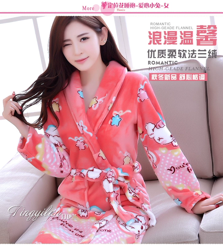 Áo ngủ nữ mùa đông dày san hô lông cừu áo choàng tắm áo choàng kimono dài tay đồ ngủ nhà dịch vụ flannel cộng với mặc nhung