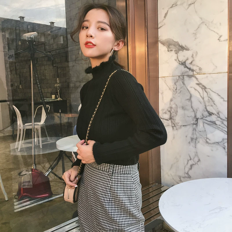 Áo len nữ 2018 mới mùa đông dày nửa cao cổ áo lông dài tay thon gọn bên trong áo dệt kim chạm đáy áo len nữ form rộng