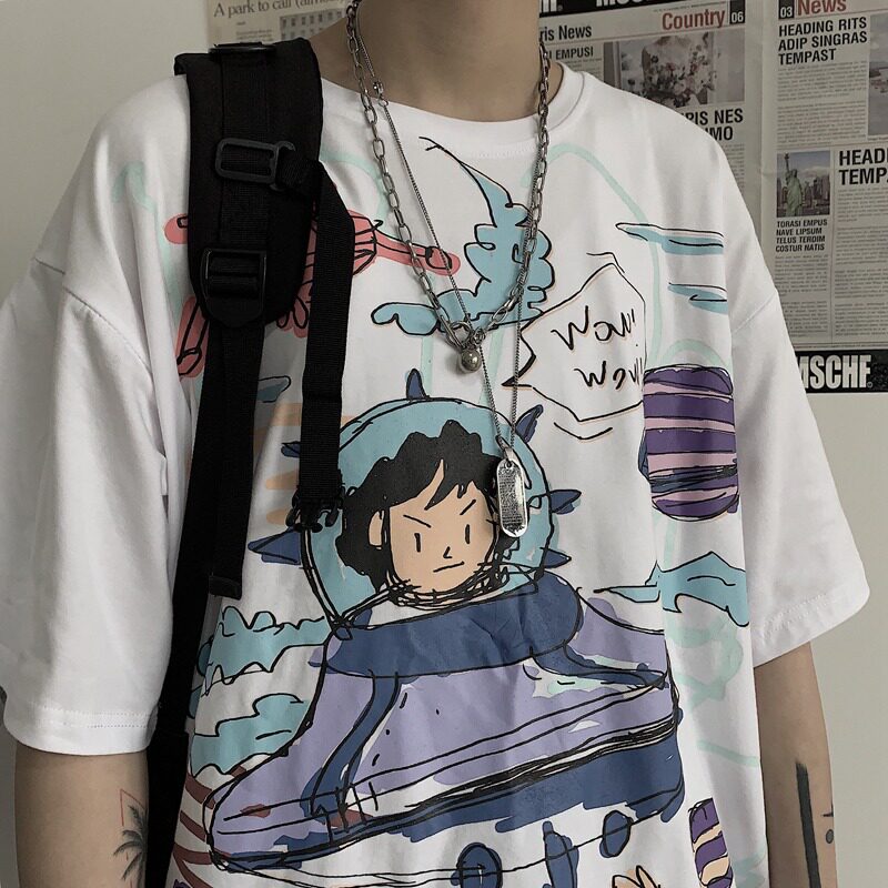 Harajuku Port Style T Shirt Men And Women Net Red Ins Super Hot Tide Short Sleeved Loose Cartoon Graffiti Printing Couple Casual Top