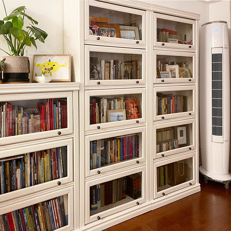 Bookcase with door dustproof glass solid wood bookshelf shelf home wall floor floor floor children's living room locker American