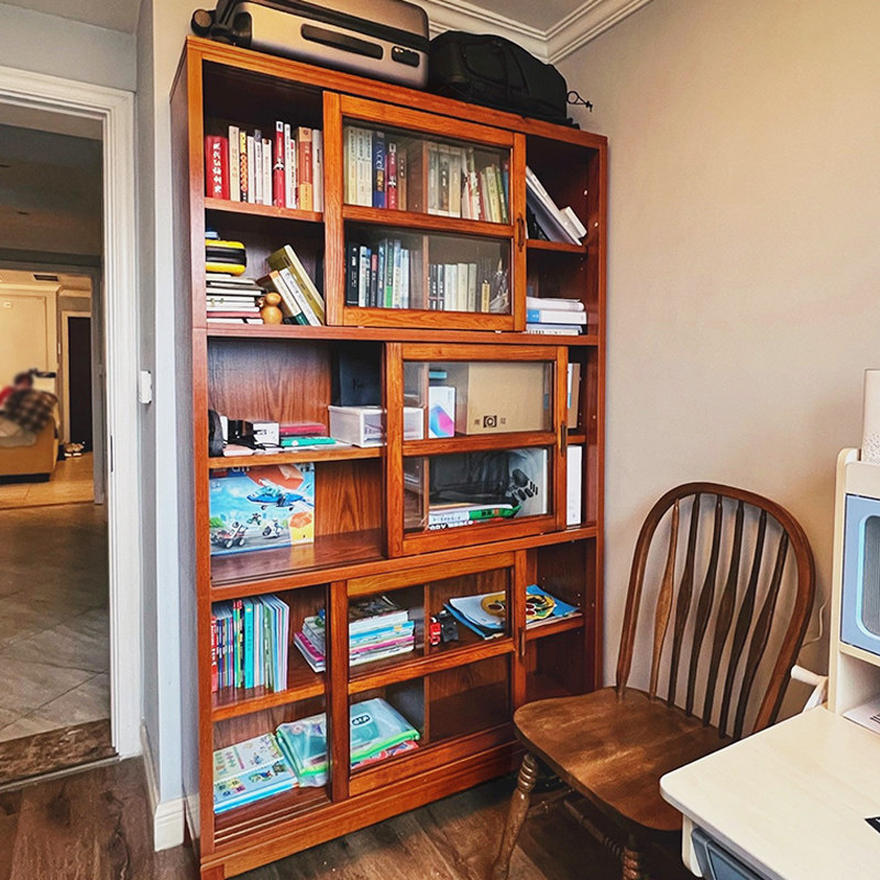 American-style solid wood bookcase Home shelf with glass door Floor-to-ceiling living room display cabinet Dustproof cabinet storage cabinet
