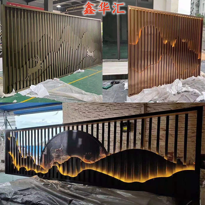 Stainless steel screen rockery background wall partition hotel lobby decorated metal grille landscape painting wood grain color bronze