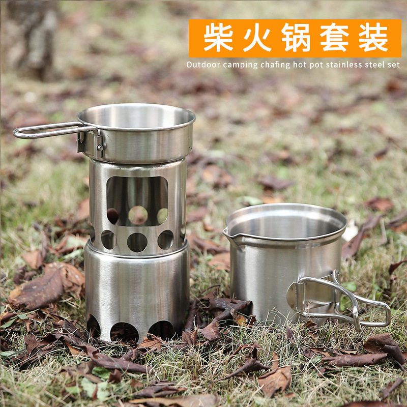 Outdoor stainless steel wood stove portable set pot camping folding windproof stove grill heater grill set