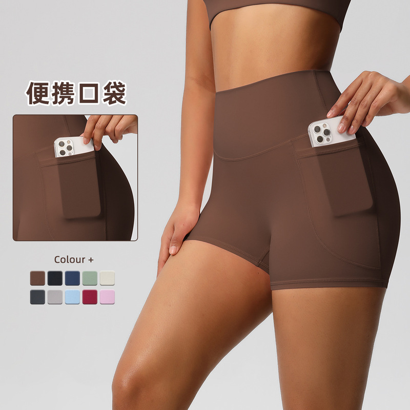 Brushed Solid Color High-Waisted Tight-Fitting High-Elastic Yoga Shorts with Pockets for Phone, Suitable for Sports, Running, and Fitness, Women's Three-Quarter Length Shorts