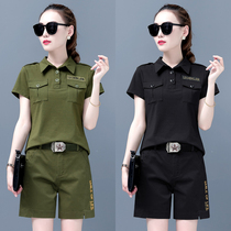 Camouflak T-shirt woman black short sleeve turn over Korean version outdoor sports casual army green blouse water soldier dance out of the suit