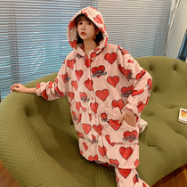 Cute girl red heart pajamas female winter coral velvet plus velvet padded Korean home suit suit autumn and winter can be worn outside
