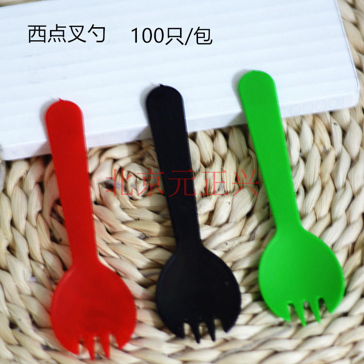 Disposable dessert spoon 100 - one fork spoon packaging and thick colored plastic fork spoon