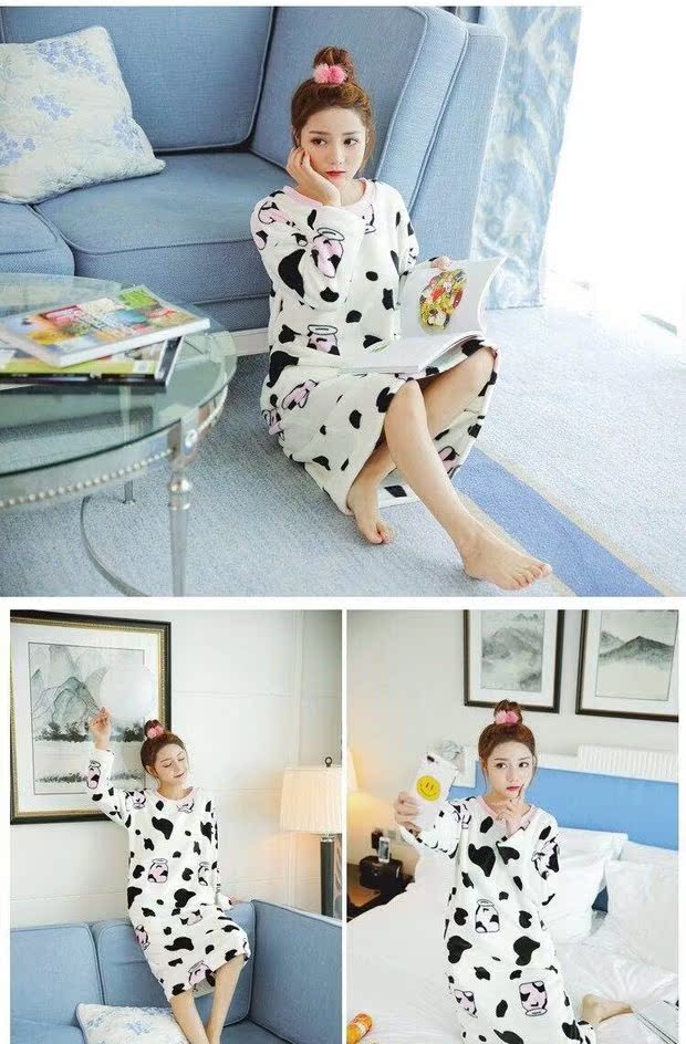 Đồ ngủ nữ flannel cộng với nhung dày lông cừu san hô mùa thu và mùa đông dịch vụ tại nhà phiên bản dễ thương của Hàn Quốc của phụ nữ váy ngủ một mảnh vay mac nha dep