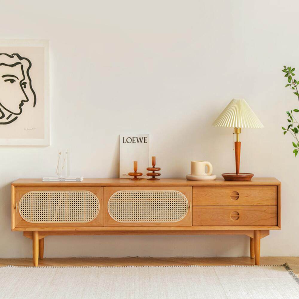 Modern minimalist Japanese solid wood TV cabinet hotel living room bedroom log rattan storage storage TV cabinet