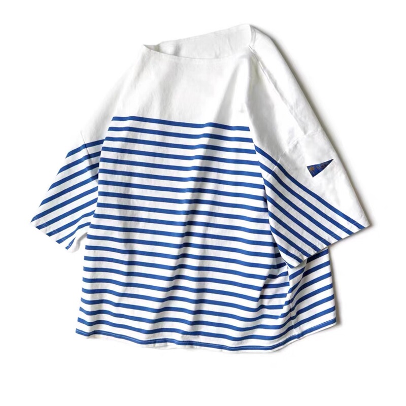 22Ss Kapital Hirata Kazuhiro Blue and White Striped Color-Blocked Loose Three-Flag Five-Quarter Sleeve Crew Neck Short-Sleeve T-Shirt