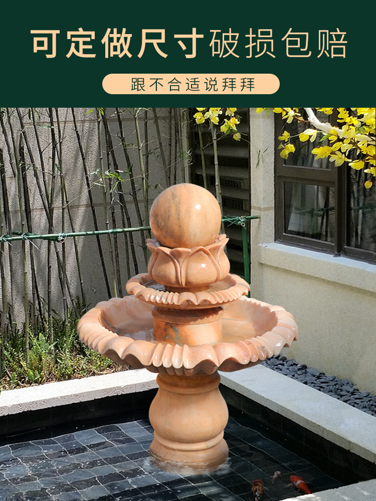 Stone sculpture fountain Outdoor large fountain Sunset red villa European-style water bowl decoration Stone Feng Shui ball fountain