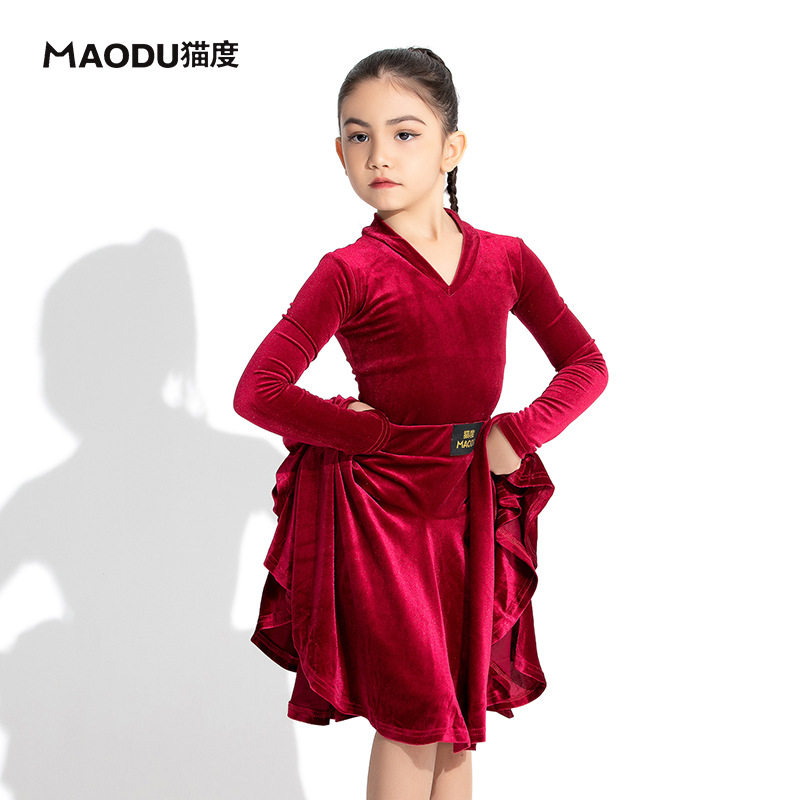 Cat Degree Children Latin Dance Suit Professional Velvet Dance Suit Suit Toddler Costume for the Contest Test Stipulation Dress