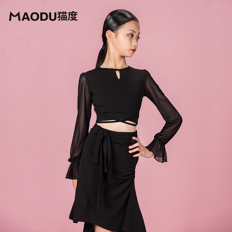 Maodu Latin dance clothes girls competition clothes autumn and winter long-sleeved tops children's new professional training clothes practice clothes