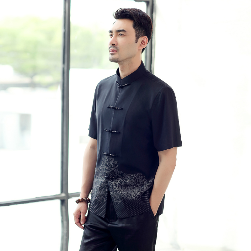 Middle-aged and elderly Tang suit men's summer short sleeve shirt Chinese stand collar buckle Chinese style top casual tunic suit