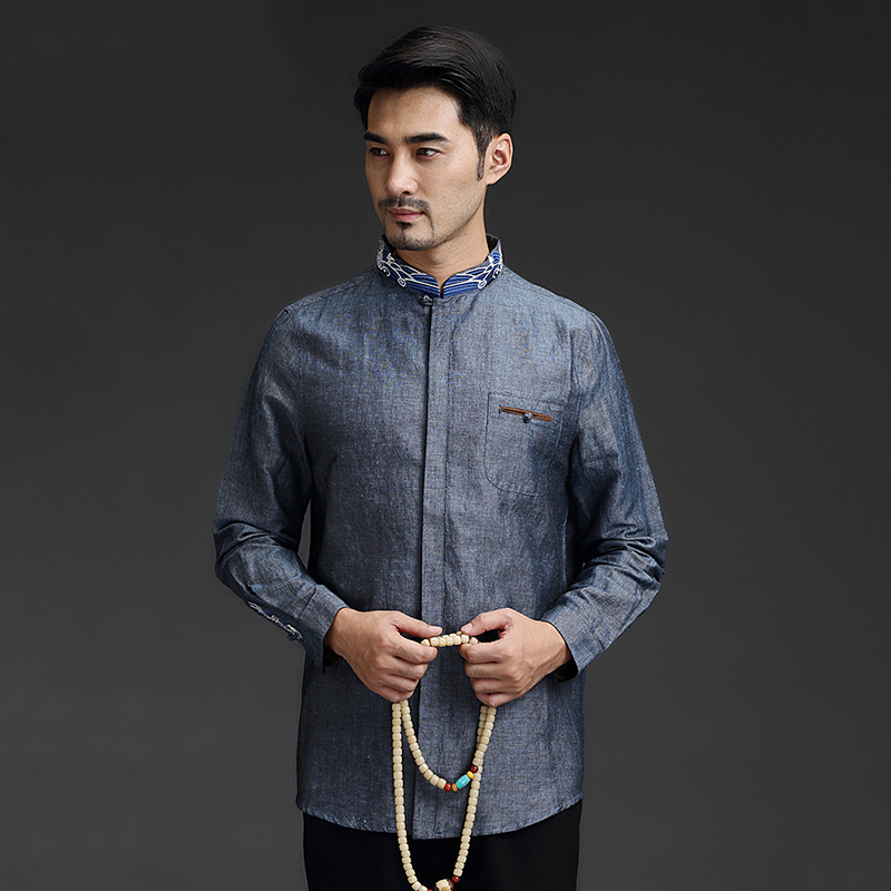 Tang assault-style retro Chinese vintage Men's middle-aged and elderly standout leaders Long sleeves shirt spring and autumn casual embroidered linen blouse