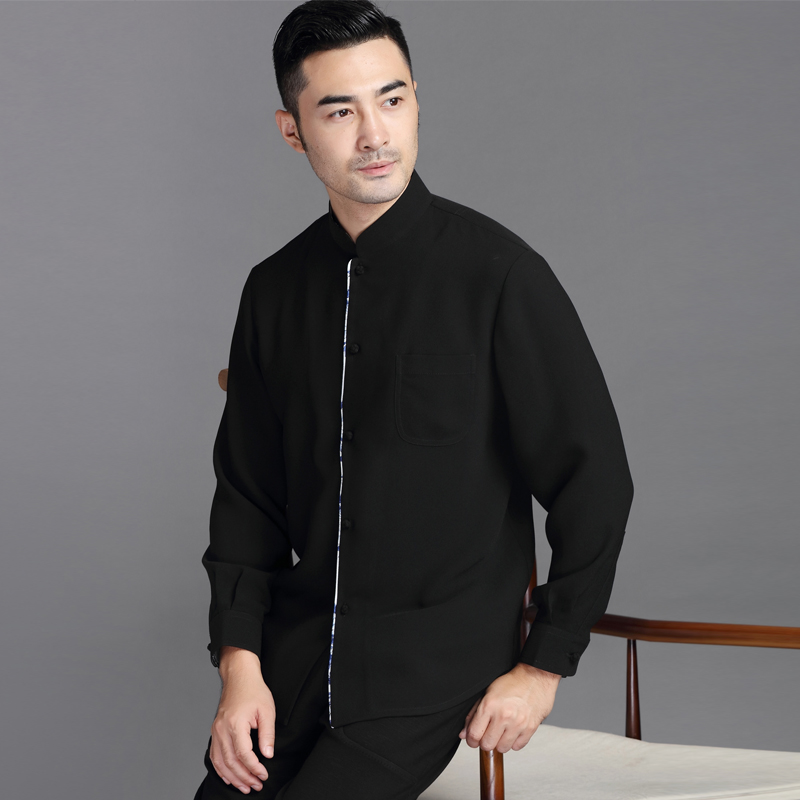 Special price Chinese Chinatown Old age Long sleeves Spring and autumn shirt upright collar disc button Chinese Wind Dad dress Anti-creasing blouses