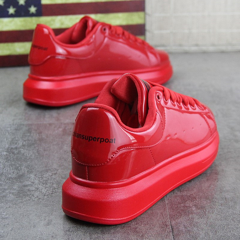 Trendy Patent Leather Couple's Height-Increasing Sneakers, Summer Breathable Red Women's Shoes, Versatile Student White Sneakers, Women's Sports Shoes