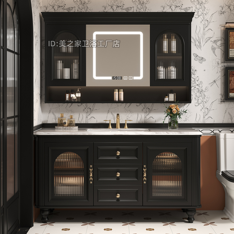 French-Style Oak Vintage Bathroom Cabinet Set, Bathroom Vanity, Floor-Standing Washbasin Cabinet, Smart Mirror Cabinet, Luxury Stone