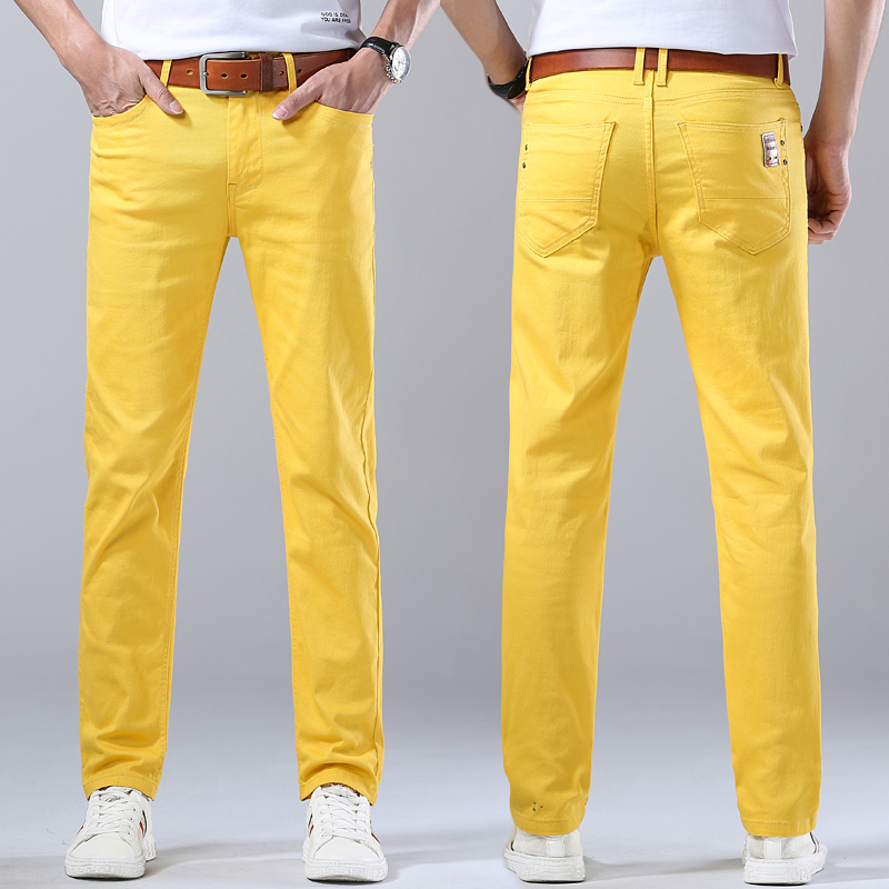 Classic Yellow Casual Jeans for Men, New Spring and Summer Slim-Fit Cotton Stretch Straight-Leg Pants, Men's Elastic Long Pants