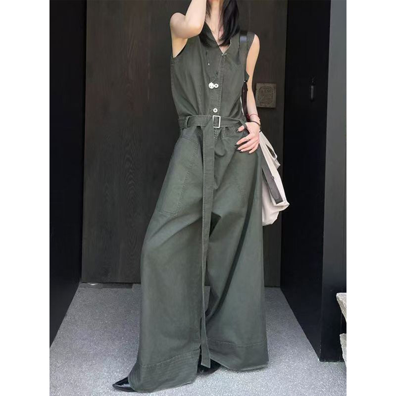 American Retro Workwear Jumpsuit for Women, New Summer Style, Loose and Slimming, Sleeveless Jumpsuit, High-Waisted Wide-Leg Pants, Trendy American Retro Workwear Jumpsuit for Women, New Summer Style, Loose and Slimming, Sleeveless Jumpsuit, High-Waisted Wide-Leg Pants, Trendy