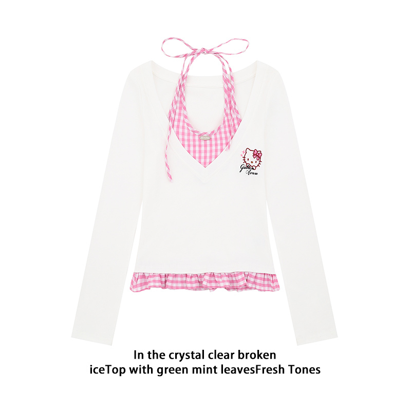 Muxmu Sweet and Spicy Hello Kitty Embroidered Plaid Fake Two-Piece Long-Sleeved T-Shirt for Women Early Autumn New Slim Fit Versatile Top