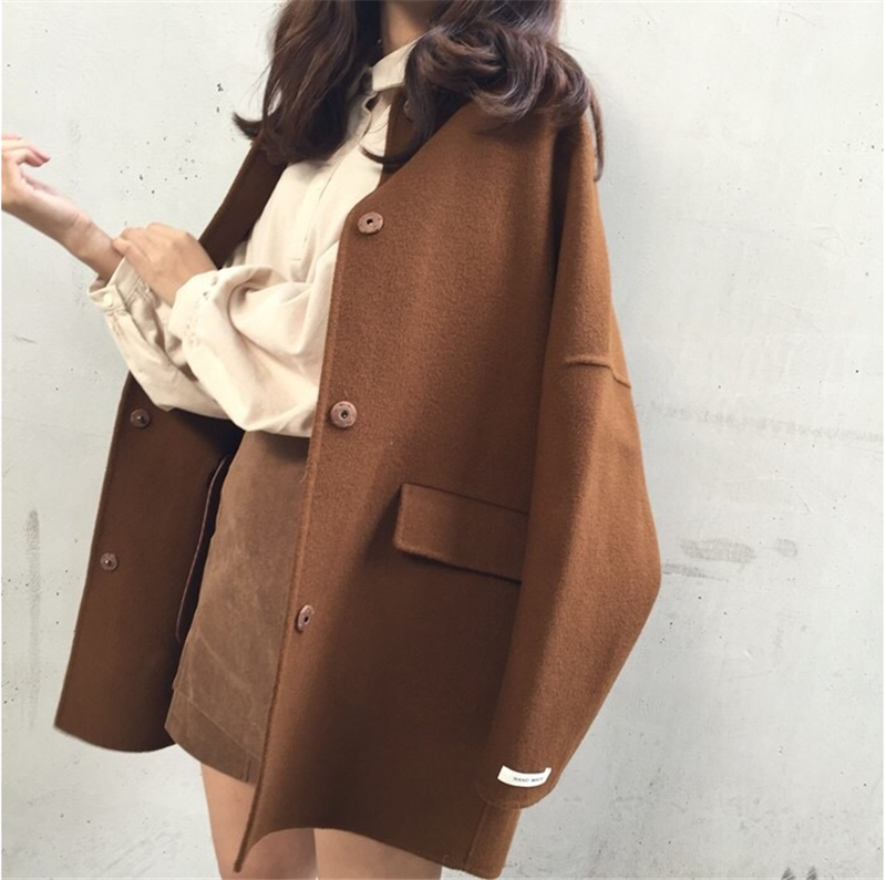 Hàn quốc phiên bản của Harajuku phong cách loose bf dài retro 毛 loại áo len màu rắn ve áo áo len nữ sinh viên mẫu áo dạ ngắn đẹp 2021
