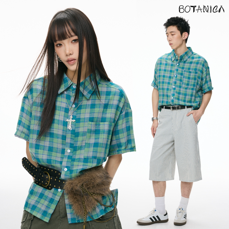 Botanica American Retro Plaid Shirt Short-Sleeved Spring and Summer Lightweight Off-Shoulder Flap Pocket Pants Blue and Green Contrast Lapel Top